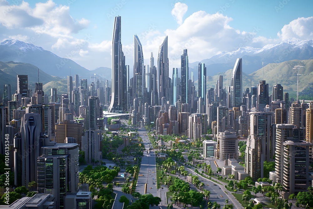 Obraz premium Futuristic cityscape with towering skyscrapers and lush greenery.