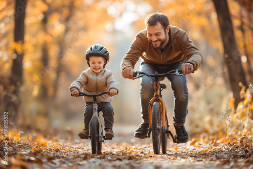 A man and a little boy riding bikes in the woods