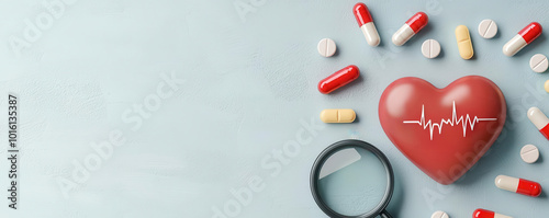 Heartbeat cardiogram with heart shape, a magnifying glass showing an enlarged heart rhythm, with pills scattered on the surface