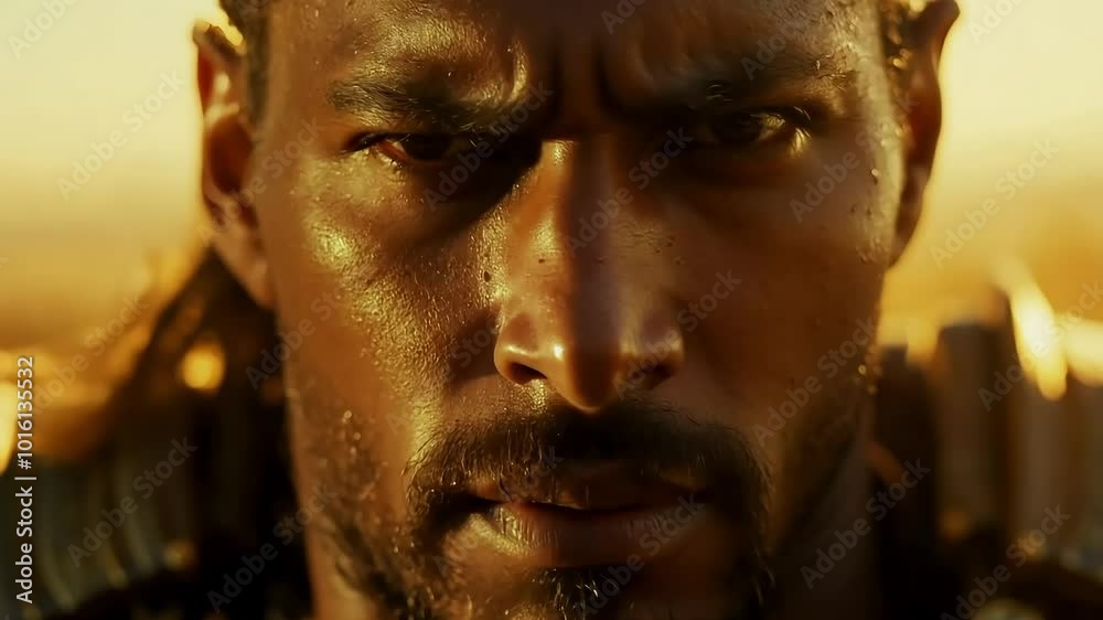 A close-up of a man's face, his eyes are narrowed in intense focus A close-up of a man's face, his eyes are narrowed in intense focus