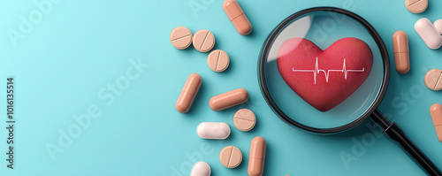 Detailed cardiogram line with a heart icon, magnified by a glass, with pills and capsules representing medical treatment
