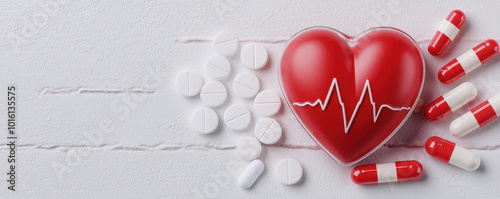 Detailed heart rhythm on a cardiogram, magnified with a glass, and pills representing heart medications placed beside