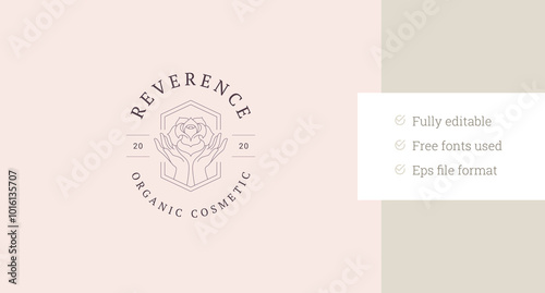 Gentle woman hands with beautiful rose flower line art logo design template vector illustration. Elegant feminine blossom herb ellipse minimal linear logotype skin care beauty organic cosmetic brand