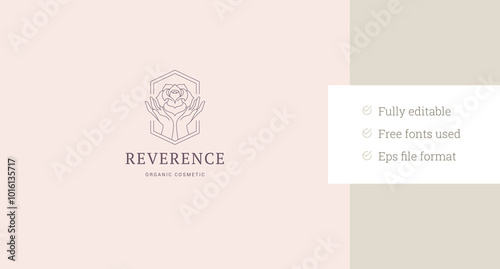 Elegant feminine hands with rose flower geometric line art logo design template vector illustration. Beautiful arms with botanical blossom floral linear logotype for skin care cosmetic brand