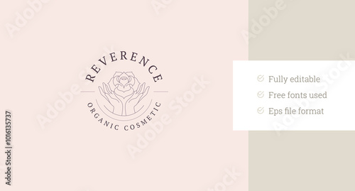 Botanical rose flower in elegant female hands circle line art logo design template vector illustration. Beauty blossom floral in arms minimalist linear logotype for skin care cream brand