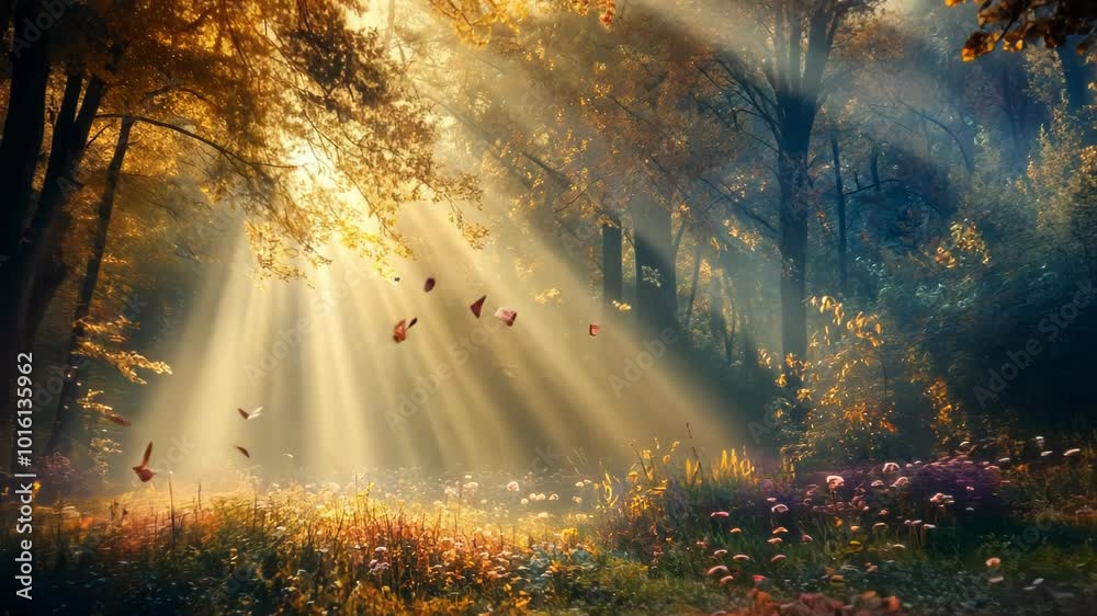 A serene forest scene illuminated by golden sunlight filtering through autumn leaves. A serene forest scene illuminated by golden sunlight filtering through autumn leaves.