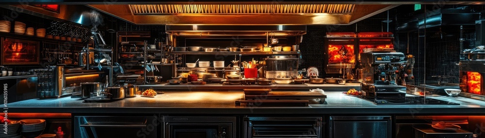 Rear view of a fantastical kitchen, vibrant culinary creations glowing under enchanting lights, magical atmosphere Rear view of a fantastical kitchen, vibrant culinary creations glowing under enchanting lights, magical atmosphere