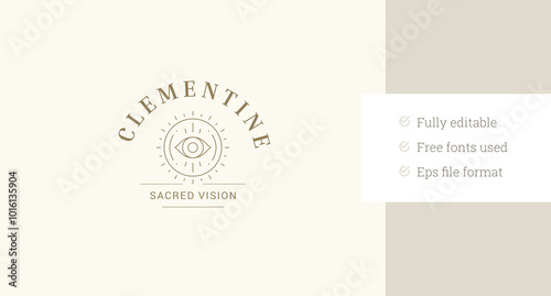 Esoteric all seeing eye mythic minimalist line art logo design template for spa vector illustration. Wisdom vision mythology sacred magic luxury linear logotype for yoga meditation relax studio