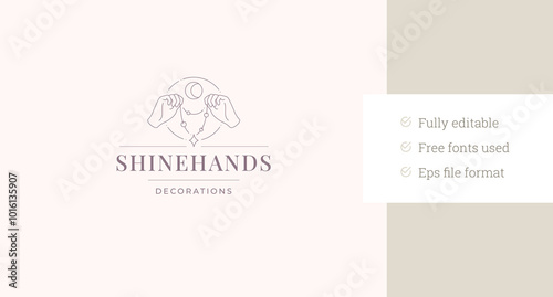 Human hands holding jewelry necklace with gem line art logo design template vector illustration. Fashion expensive gemstone chain accessory linear logotype for premium jewellery store shop