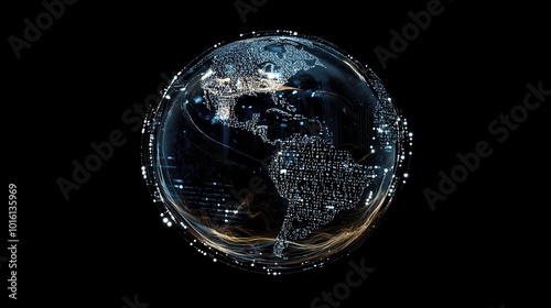 A digital globe illuminated with lights, representing a connected world, showcasing continents and oceans against a dark background.