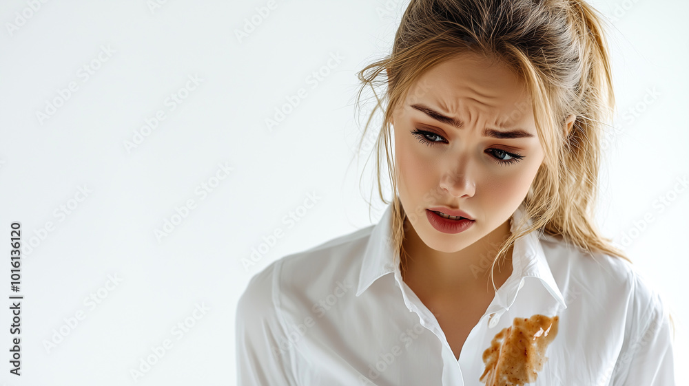 Woman Displaying Frustration Over Sauce Stain on Her White Shirt. Woman Displaying Frustration Over Sauce Stain on Her White Shirt.