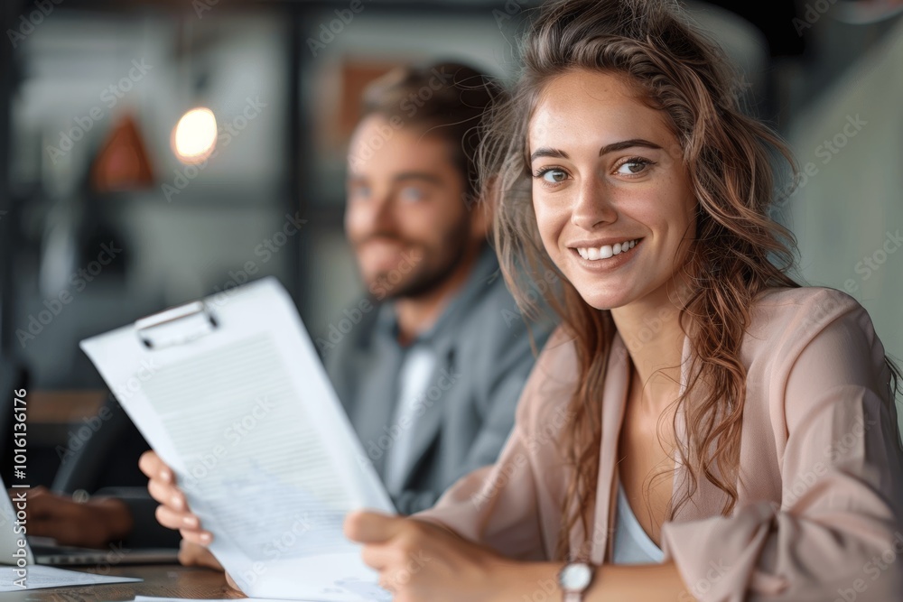 Happy Businesswoman Discussing Documents with Male Colleague at Office Meeting Happy Businesswoman Discussing Documents with Male Colleague at Office Meeting