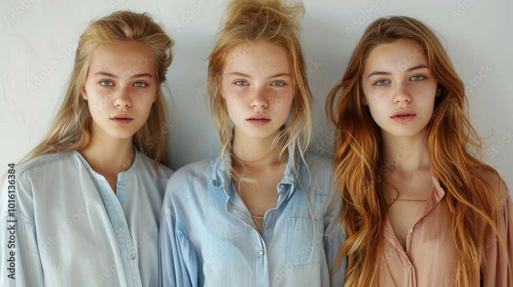 three college girls or sisters dressed in shirts posing against white wall three college girls or sisters dressed in shirts posing against white wall