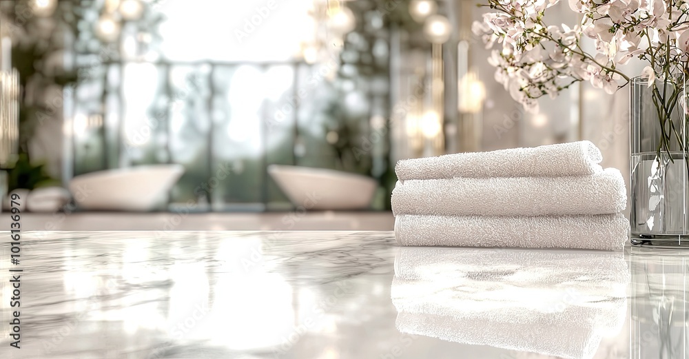 Neatly folded white towels on a marble countertop in a minimalist, luxurious bathroom with soft lighting and stylish decor Neatly folded white towels on a marble countertop in a minimalist, luxurious bathroom with soft lighting and stylish decor