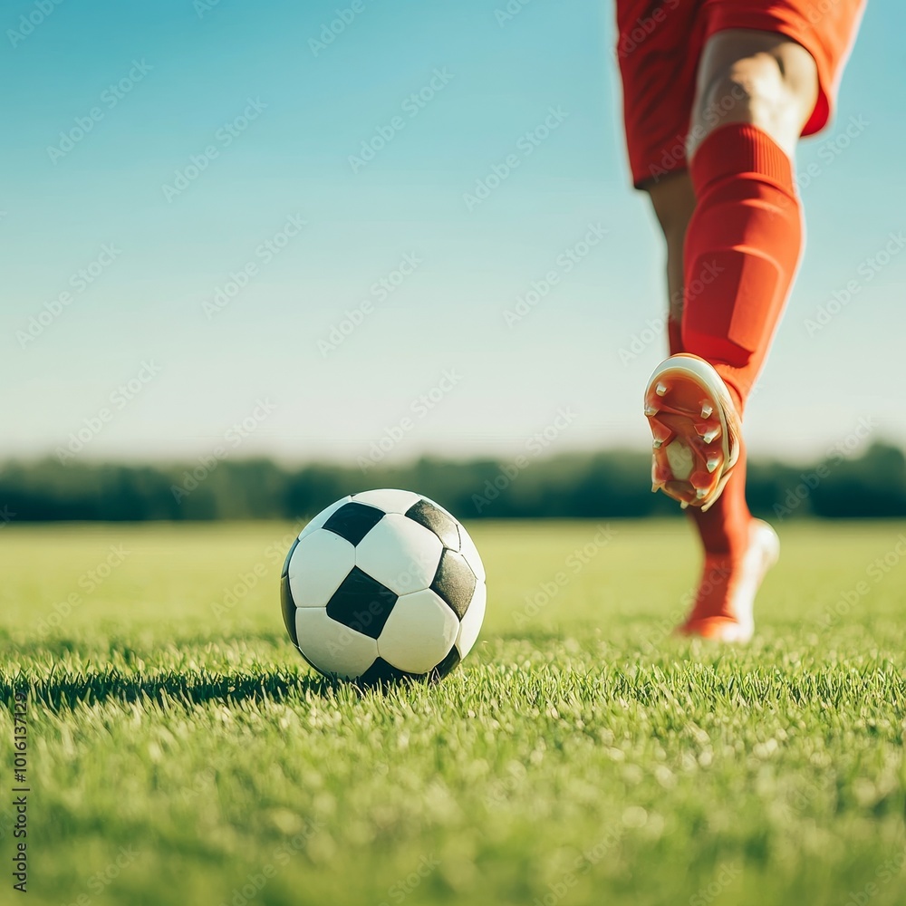 Obraz premium Close-up of a soccer player kicking the ball on a green field. The player is in motion with the ball in mid-air. The focus is on the ball.