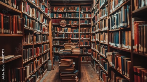 An old-fashioned wooden library with tall bookcases surrounding it