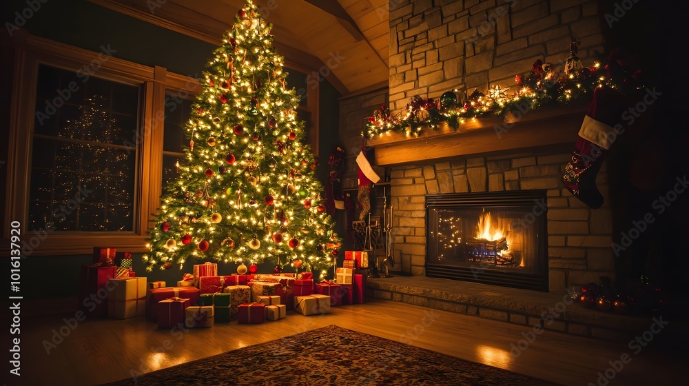 Fototapeta premium Christmas Tree, Presents, Fireplace, and Stocking in a Cozy Living Room