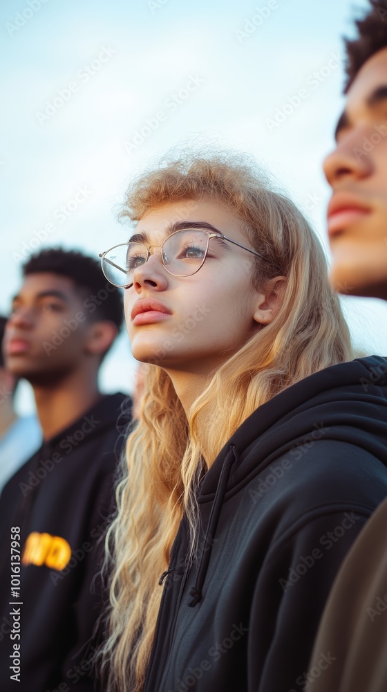 A thoughtful blonde girl in glasses gazes upwards, flanked by two young men. A thoughtful blonde girl in glasses gazes upwards, flanked by two young men.