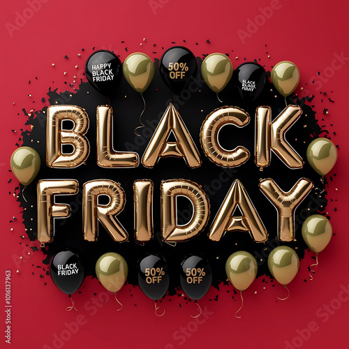 A banner with text Black Friday with giftbox, golden, balloons, confetti, shopping bag, black dark background, 3D illustration photo