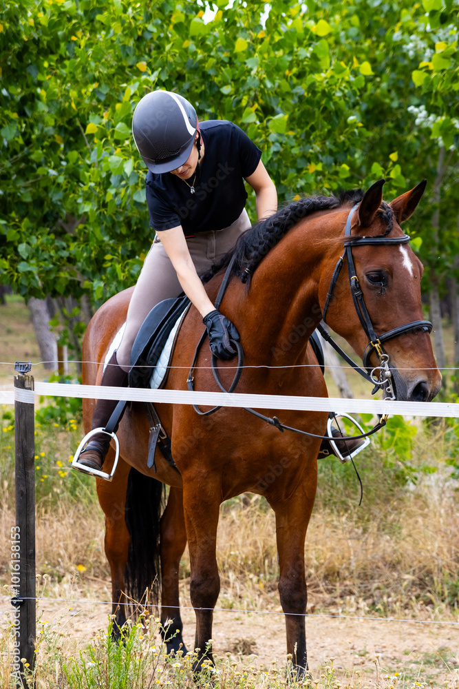 Obraz premium Young woman adjusting reins while riding a brown horse outdoors