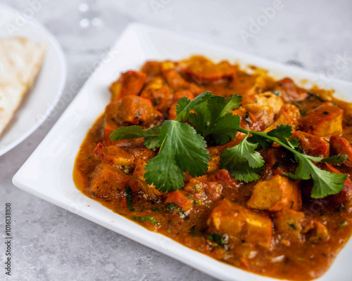 A hearty dish of tender chicken curry with bright spices, garnished with fresh cilantro, served alongside soft, warm naan bread on a white plate. served with a glass of chilled white wine.