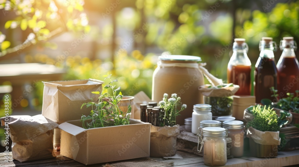 Sunlit jars and herbs create a tranquil scene of sustainable living, capturing the simplicity and beauty of natural homegrown goods. Sunlit jars and herbs create a tranquil scene of sustainable living, capturing the simplicity and beauty of natural homegrown goods.
