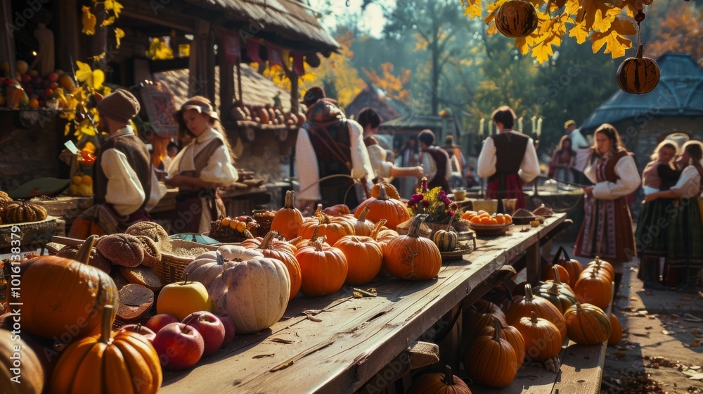 Fototapeta premium A vibrant autumn festival scene with pumpkins, colorful garments, and market stalls under a canopy of golden leaves.