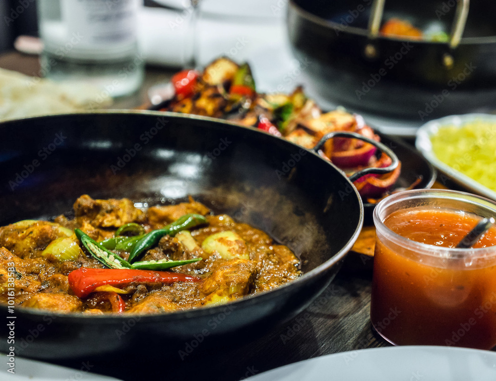 Aromatic curry in a dark bowl, garnished with green chilies and red peppers. Surrounding it are colorful skewers of grilled vegetables, a side of fluffy rice, and a tomato sauce. Aromatic curry in a dark bowl, garnished with green chilies and red peppers. Surrounding it are colorful skewers of grilled vegetables, a side of fluffy rice, and a tomato sauce.