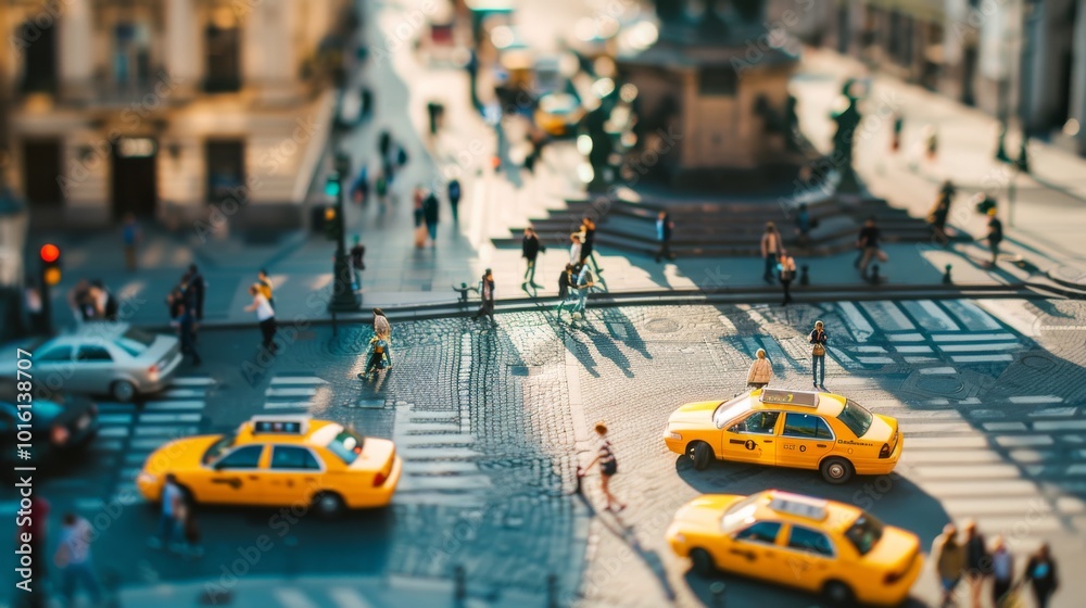 A vibrant cityscape with taxis and pedestrians, viewed from above, creating a bustling, toy-like metropolitan scene in miniature. A vibrant cityscape with taxis and pedestrians, viewed from above, creating a bustling, toy-like metropolitan scene in miniature.