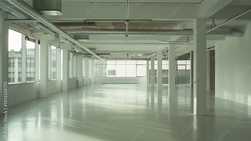 Fototapeta premium Sunlight floods a vast, open industrial space with white walls and high ceilings, emphasizing its minimalist design.