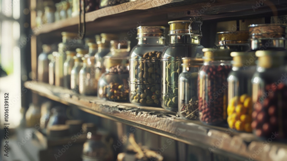 Sunlit shelves display jars of preserved fruits and spices, creating a rustic and nostalgic ambiance, evoking memories of simpler times and homemade traditions.
