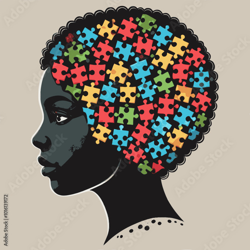 Neurospicy black girl child with a puzzle brain. Concept for Disability Pride Month, world brain day, mental health and brain neurological health, autism spectrum disorder.