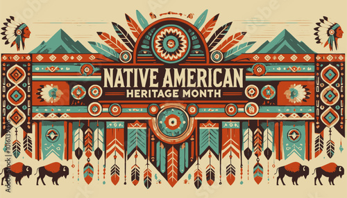 Native american heritage month, Indigenous Peoples' Day International Day of the World's Indigenous Peoples or Native American Day. Vector banner. Background with a pattern of feathers.