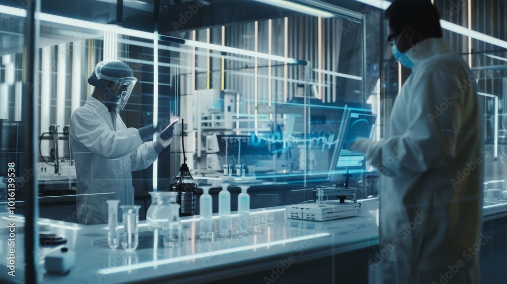 Scientists in protective gear work in a high-tech laboratory, surrounded by futuristic equipment and illuminated by cool, fluorescent lighting, signifying advanced research. Scientists in protective gear work in a high-tech laboratory, surrounded by futuristic equipment and illuminated by cool, fluorescent lighting, signifying advanced research.