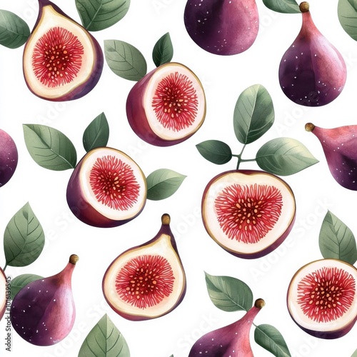 Watercolor seamless pattern of fig fruit, isolated on a white background.