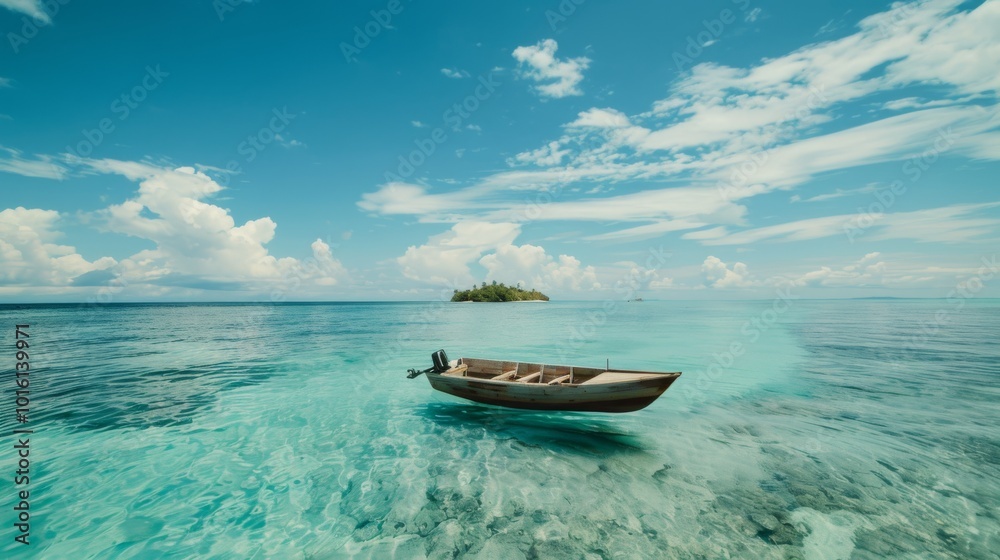 Naklejka premium A lone wooden boat floats in crystalline turquoise waters near a small island, depicting serene solitude and nature’s pristine beauty.