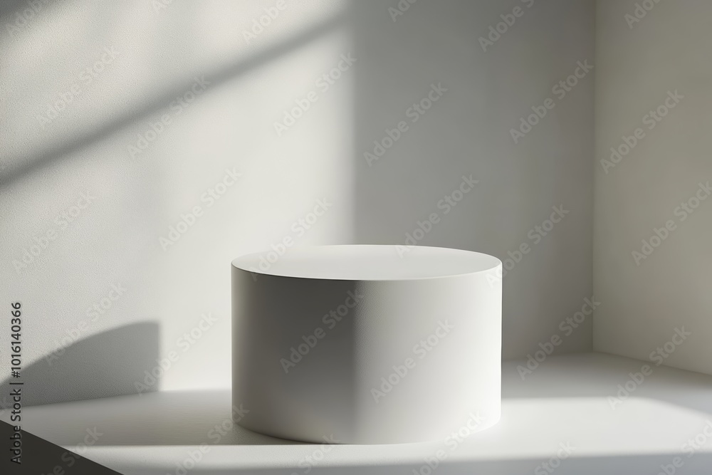 Minimalist white pedestal casting soft shadows in a serene space. Minimalist white pedestal casting soft shadows in a serene space.