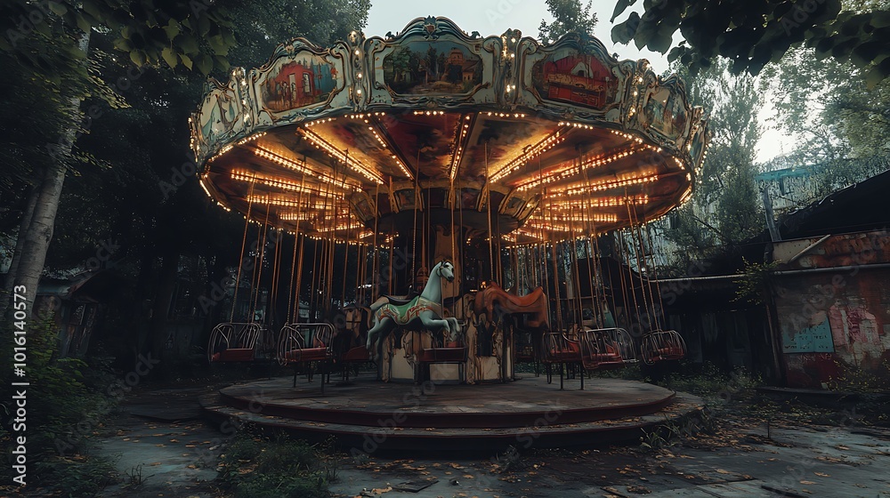 Abandoned Carousel in the Woods - A Haunting Reminder of Forgotten Fun. Abandoned Carousel in the Woods - A Haunting Reminder of Forgotten Fun.