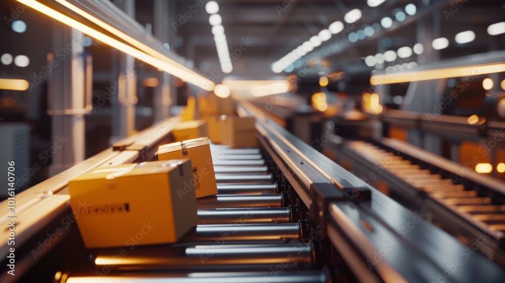 A futuristic conveyor belt in a factory setting, transporting cardboard boxes with blur motion, illuminated by industrial lights.