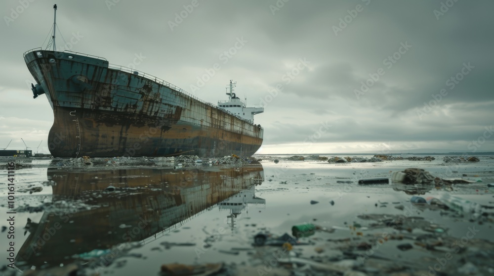 A weathered ship in a somber harbor under cloudy skies quietly reflects layers of time against a backdrop of marine neglect. A weathered ship in a somber harbor under cloudy skies quietly reflects layers of time against a backdrop of marine neglect.