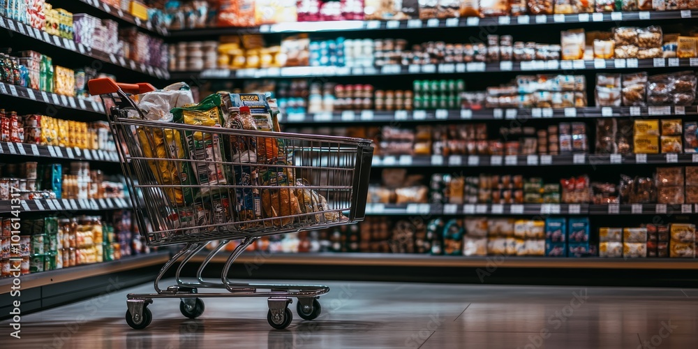 A shopping cart filled with groceries in a well-stocked supermarket aisle.