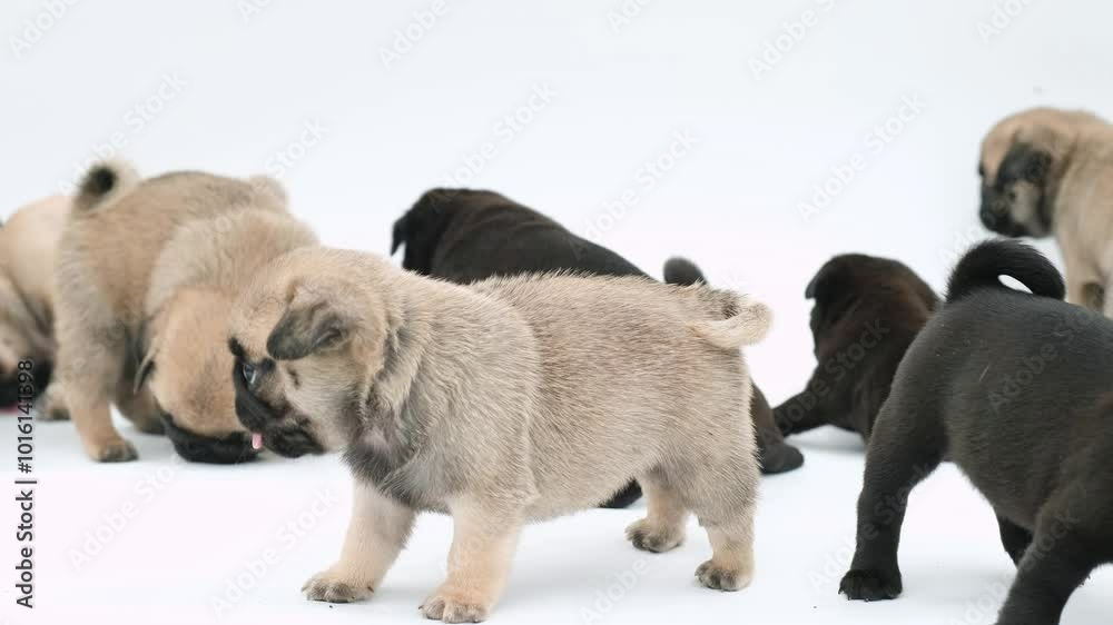 group beige and black pugs dogs puppies licks floor. puppy dog eating dog food. portrait of cute funny small puppies, advertising dog food on white background with copy space. 4K footage group beige and black pugs dogs puppies licks floor. puppy dog eating dog food. portrait of cute funny small puppies, advertising dog food on white background with copy space. 4K footage