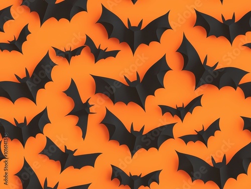 A vibrant orange background with numerous black bat silhouettes scattered throughout, creating a festive Halloween ambiance.
