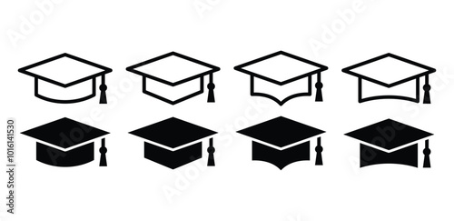 set of graduation cap school degree icon symbol sign vector design simple outline black fill illustration isolated