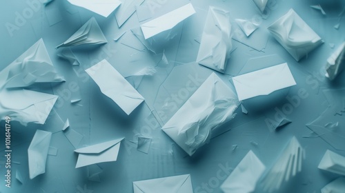 A vast array of crumpled envelopes lie scattered across a tranquil surface, echoing themes of communication and abandonment. photo