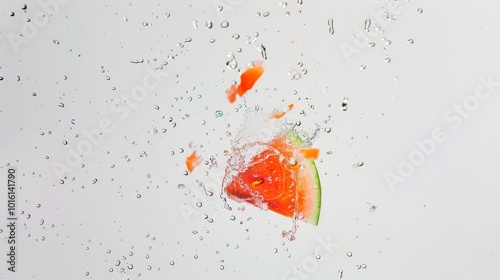 A vivid splash captures watermelon in fragmented mid-air beauty, revealing a dance of color and movement that embodies lively joy and spontaneous fun.