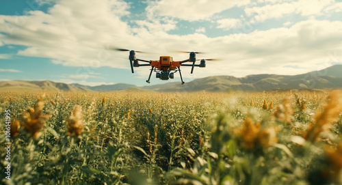 An advanced AI drone scanning an agricultural field, collecting data for precision farming photo