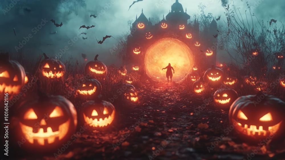 Naklejka premium A haunting Halloween scene featuring glowing pumpkins and a mysterious portal, set amidst a dark, foggy landscape.