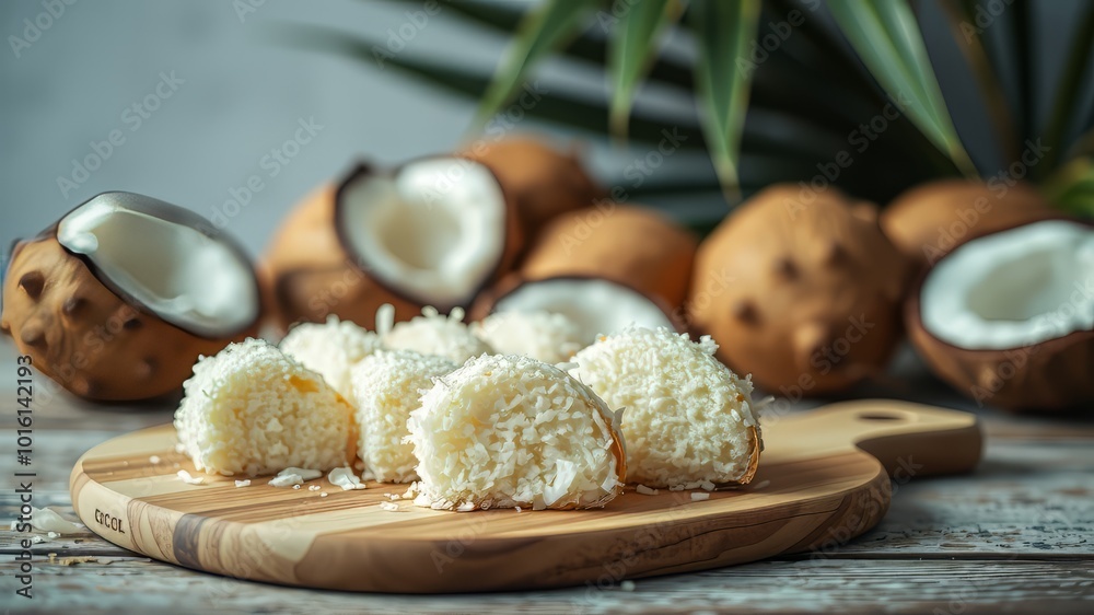 Coconut Cake Slices on Wooden Cutting Board with Blurred Coconuts - Minimalist Photography Coconut Cake Slices on Wooden Cutting Board with Blurred Coconuts - Minimalist Photography