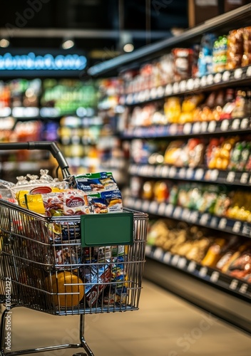 A shopping cart filled with groceries in a modern supermarket aisle.